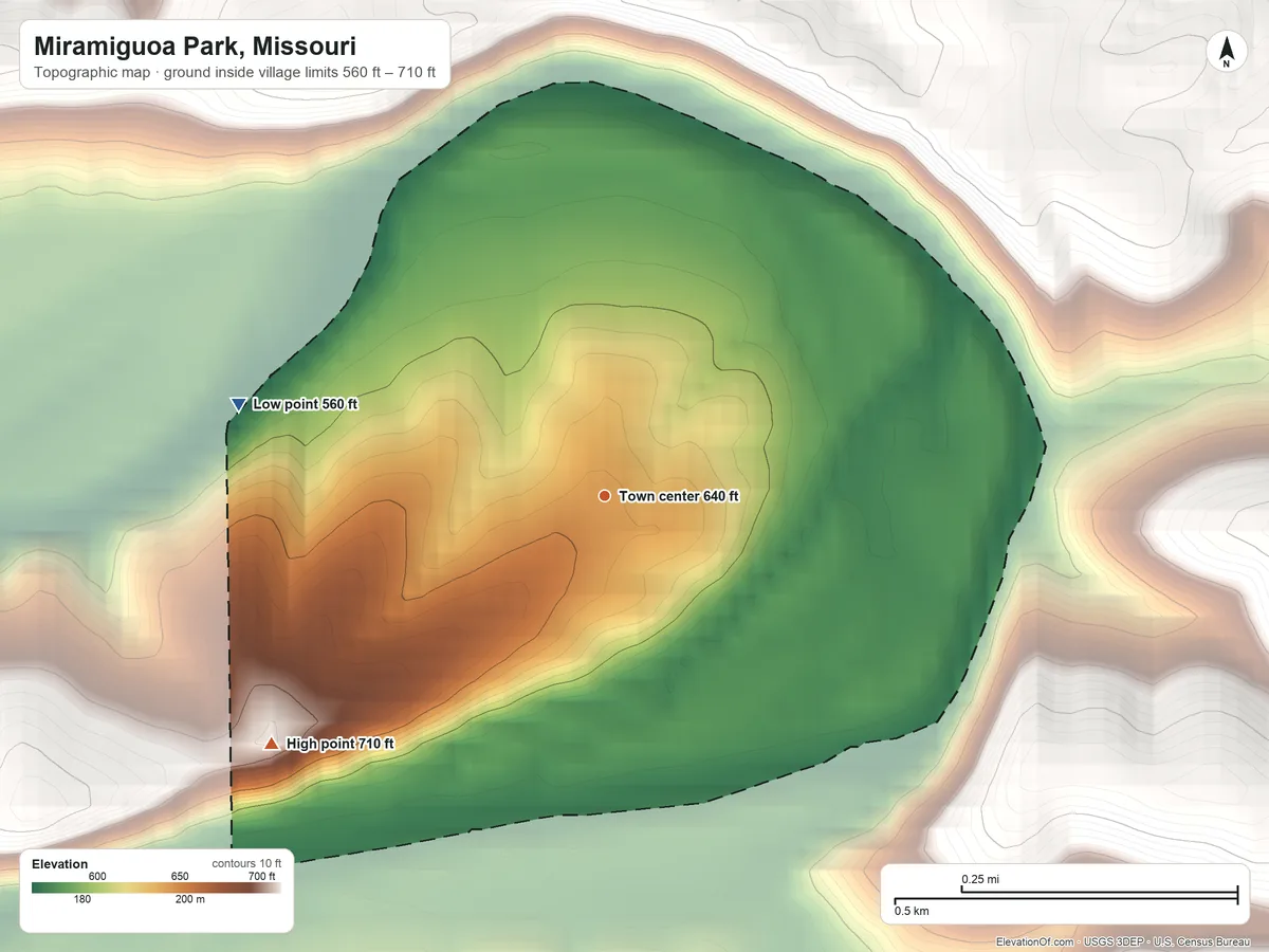 Topographic elevation map of Miramiguoa Park, Missouri, shaded from 560 ft on the west side to 710 ft on the southwest side