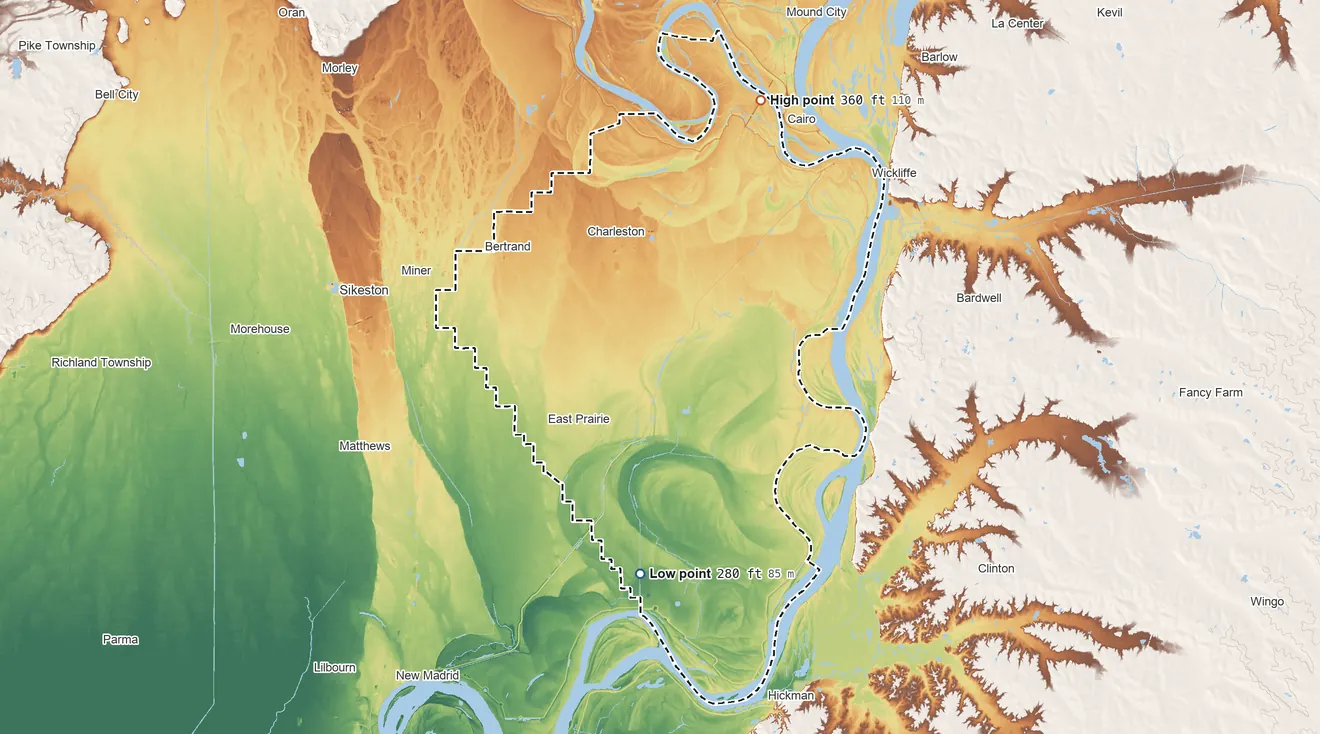 Topographic elevation map of Mississippi County, Missouri, shaded from 280 ft on the south side to 360 ft on the north side