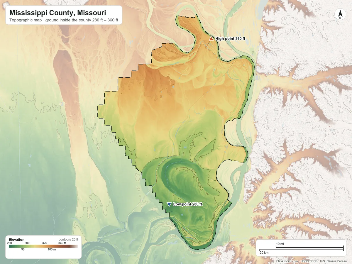 Topographic elevation map of Mississippi County, Missouri, shaded from 280 ft on the south side to 360 ft on the north side