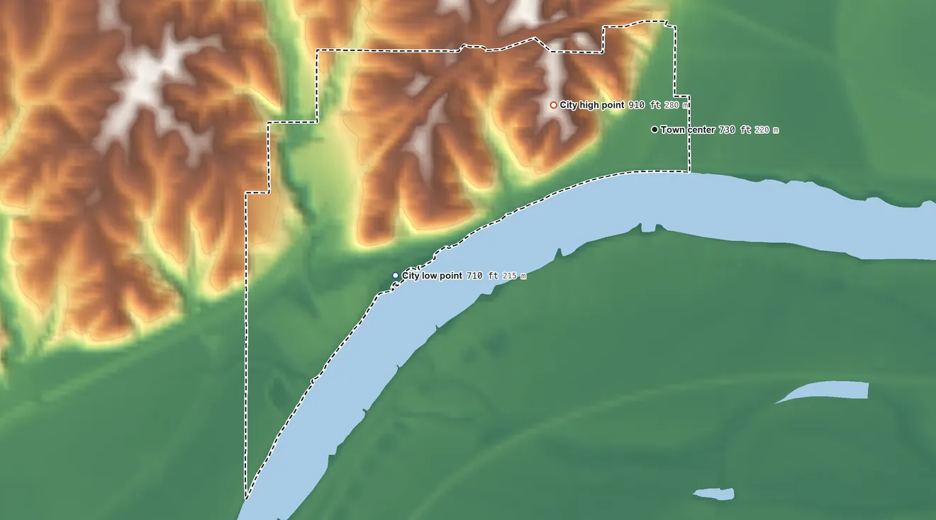 Topographic elevation map of Missouri City, Missouri, shaded from 710 ft on the southwest side to 910 ft on the west side