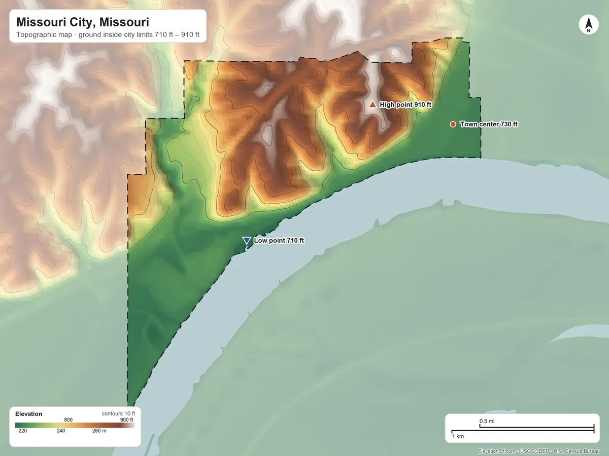 Topographic elevation map of Missouri City, Missouri, shaded from 710 ft on the southwest side to 910 ft on the west side
