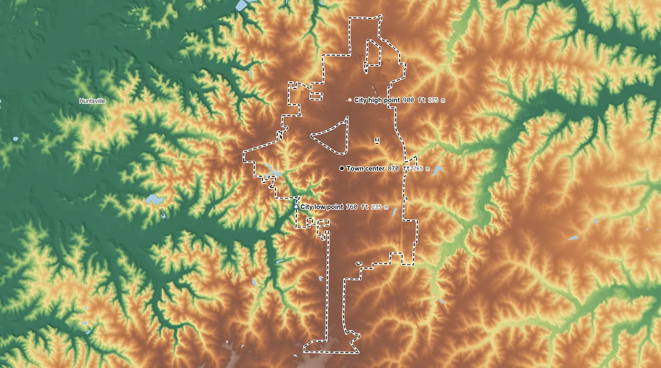 Topographic elevation map of Moberly, Missouri, shaded from 760 ft on the southwest side to 900 ft on the north side