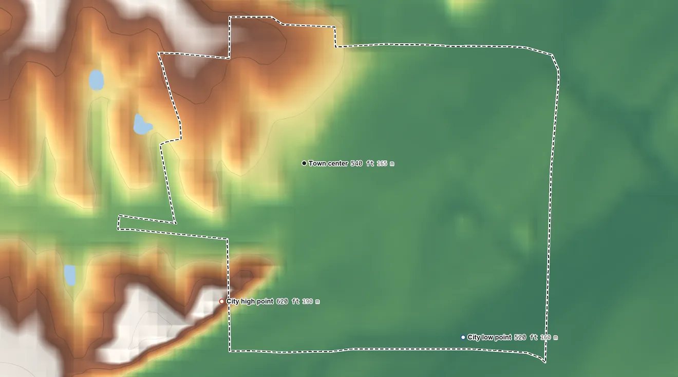 Topographic elevation map of Mokane, Missouri, shaded from 520 ft on the southeast side to 620 ft on the southwest side