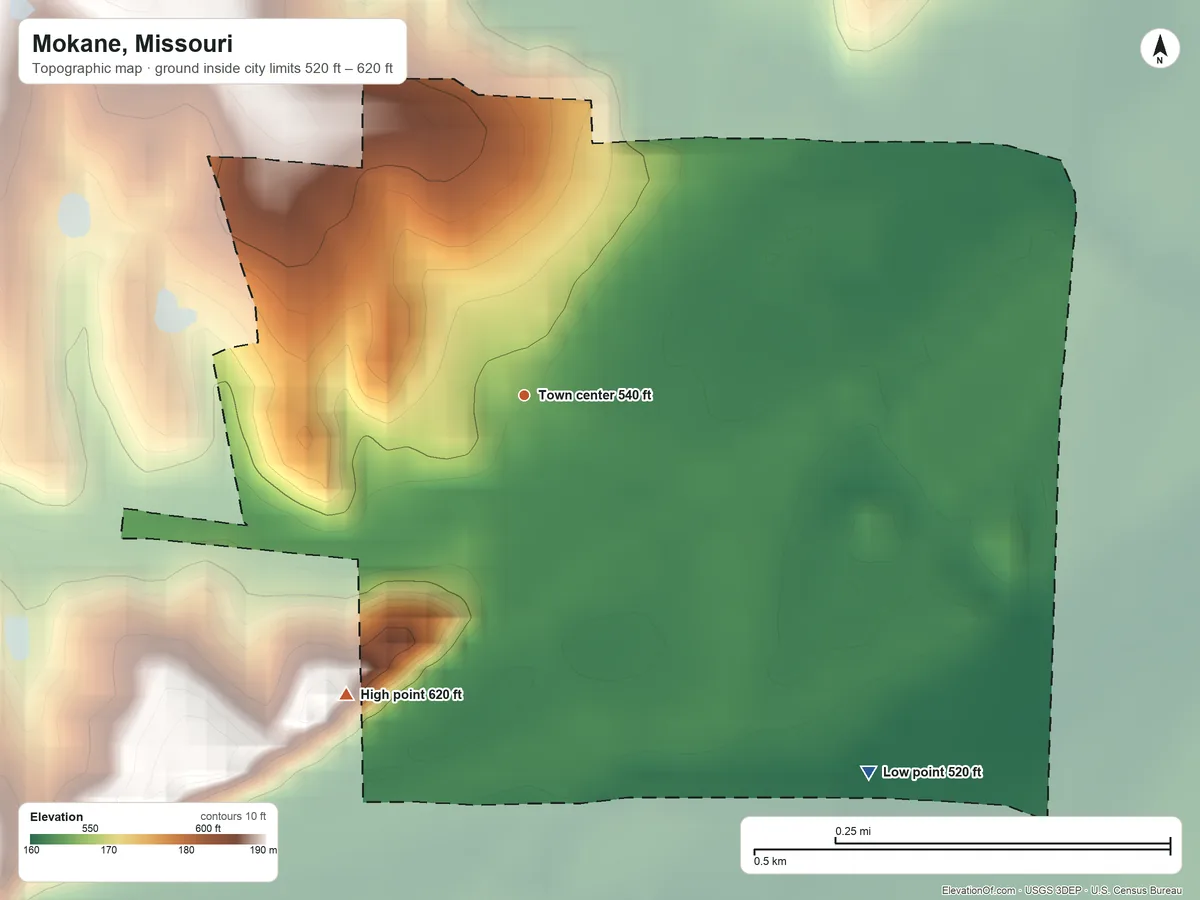 Topographic elevation map of Mokane, Missouri, shaded from 520 ft on the southeast side to 620 ft on the southwest side