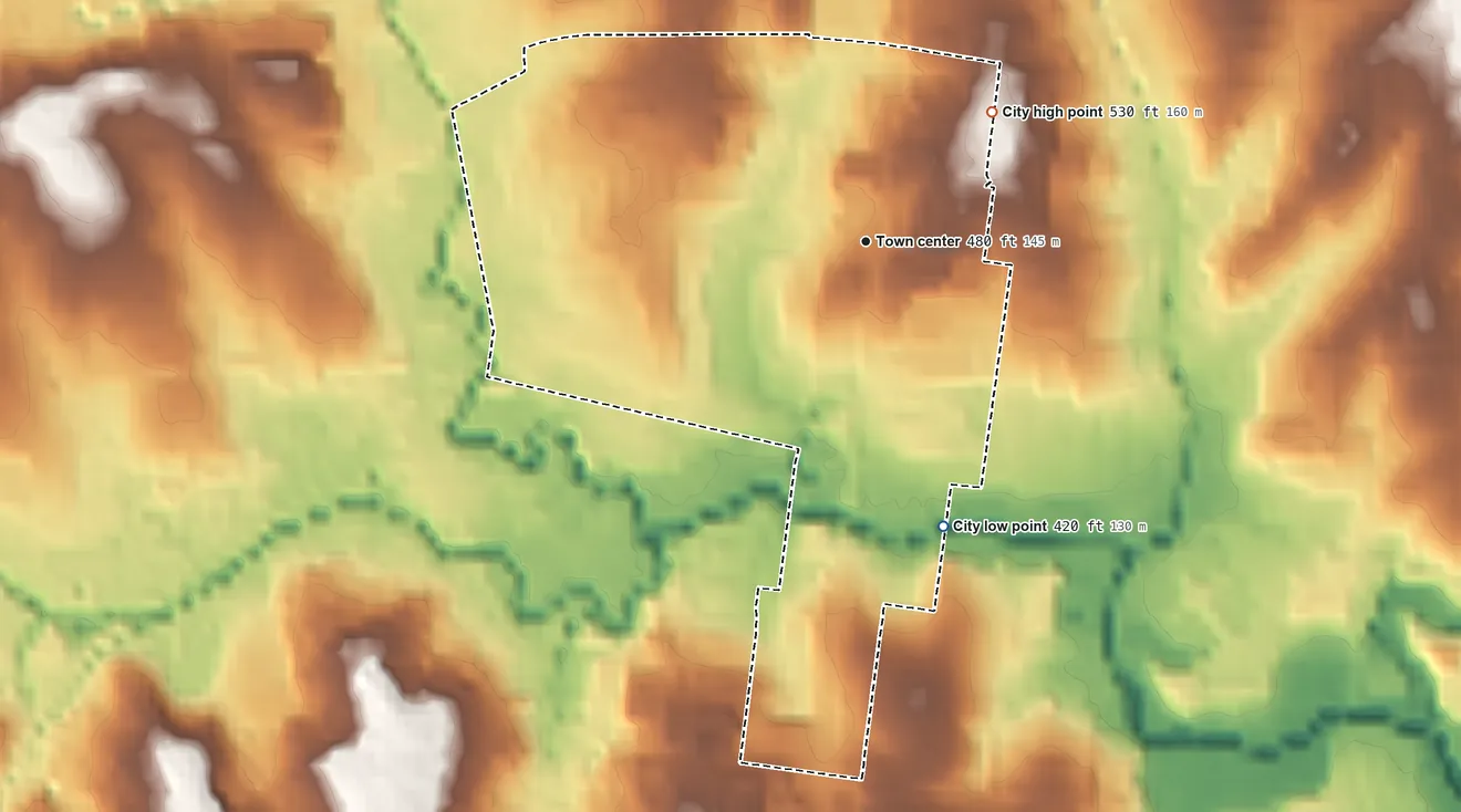 Topographic elevation map of Moline Acres, Missouri, shaded from 420 ft on the south side to 530 ft on the northeast side
