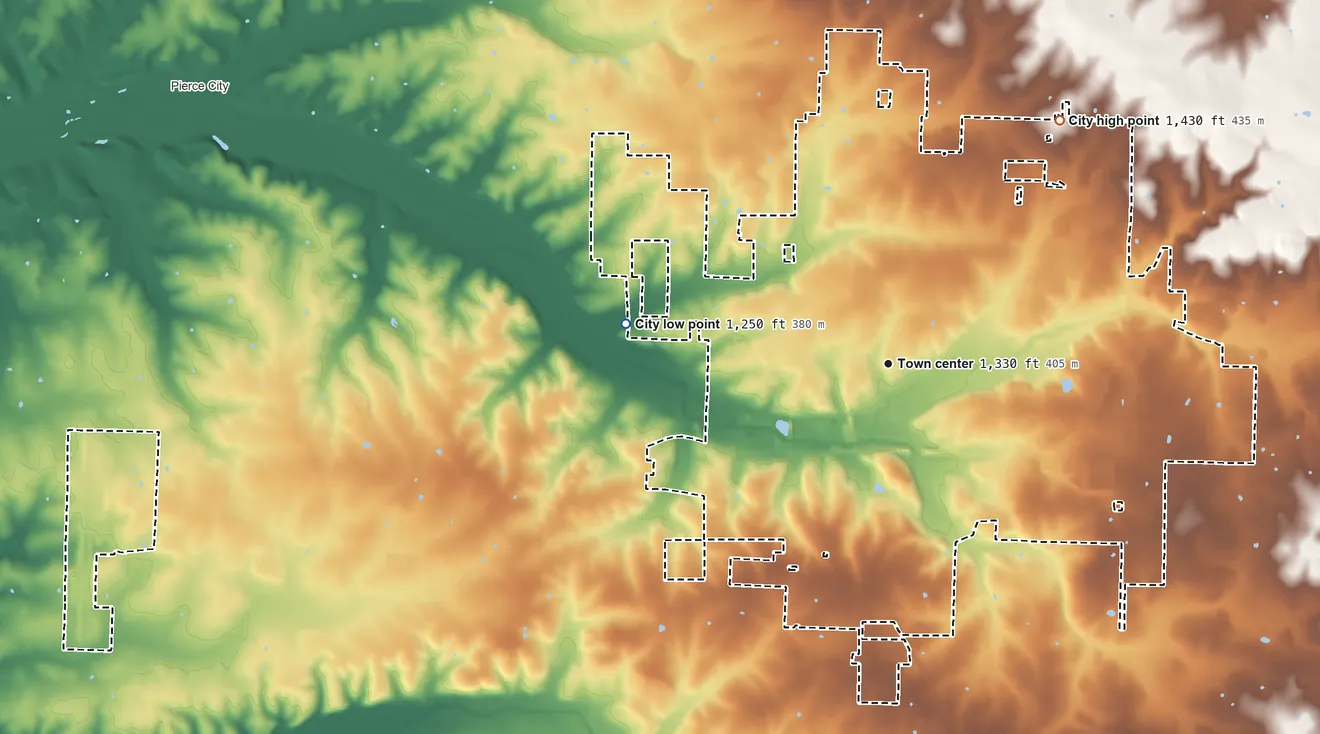 Topographic elevation map of Monett, Missouri, shaded from 1,250 ft on the west side to 1,430 ft on the northeast side