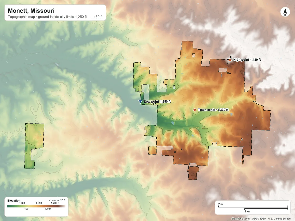 Topographic elevation map of Monett, Missouri, shaded from 1,250 ft on the west side to 1,430 ft on the northeast side