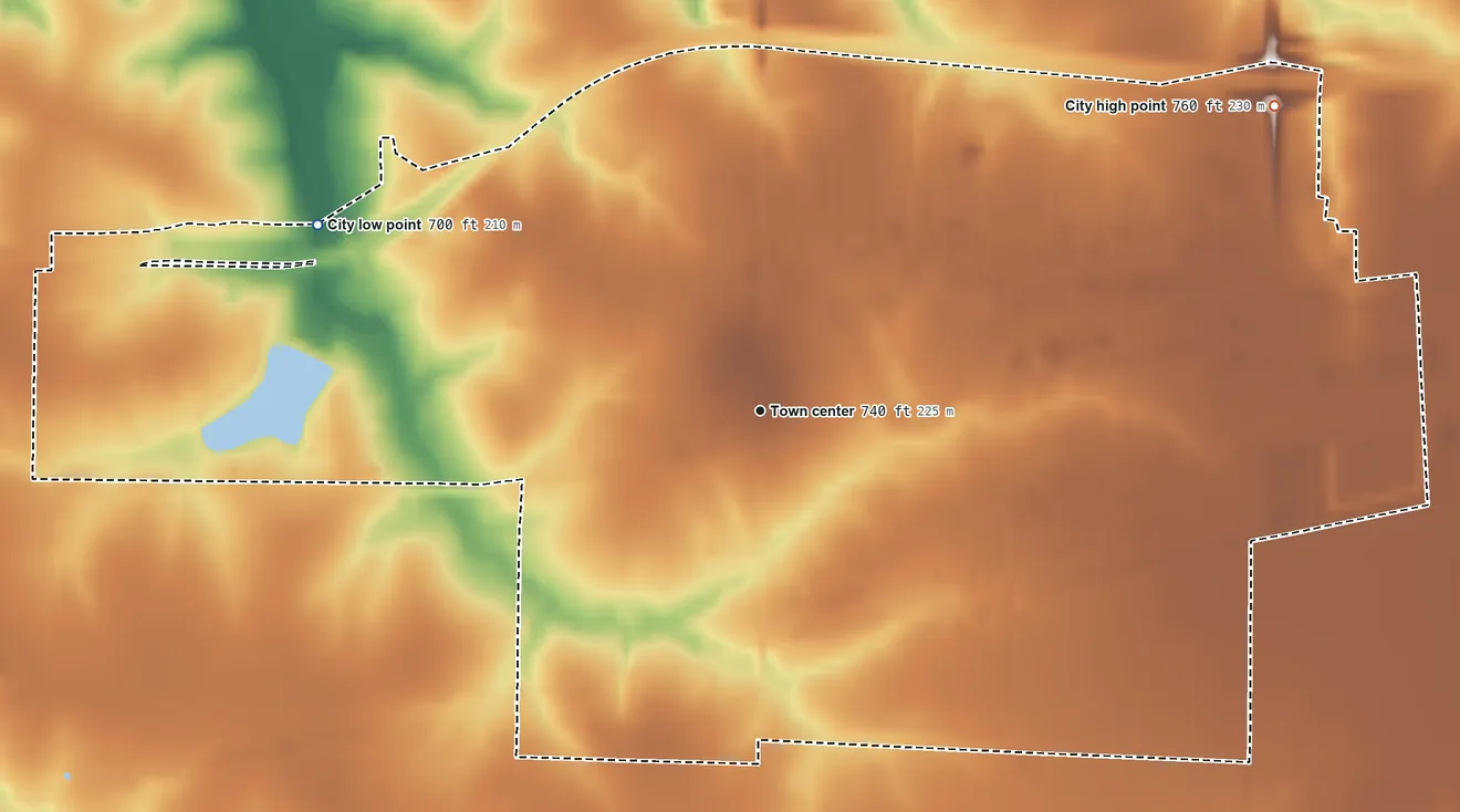 Topographic elevation map of Monroe City, Missouri, shaded from 700 ft on the northwest side to 760 ft on the northeast side