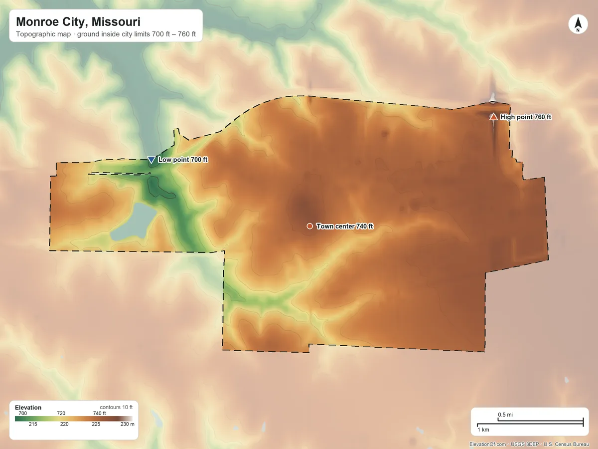 Topographic elevation map of Monroe City, Missouri, shaded from 700 ft on the northwest side to 760 ft on the northeast side