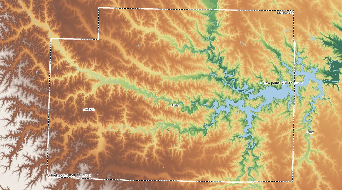 Topographic elevation map of Monroe County, Missouri, shaded from 600 ft on the east side to 850 ft on the southwest side