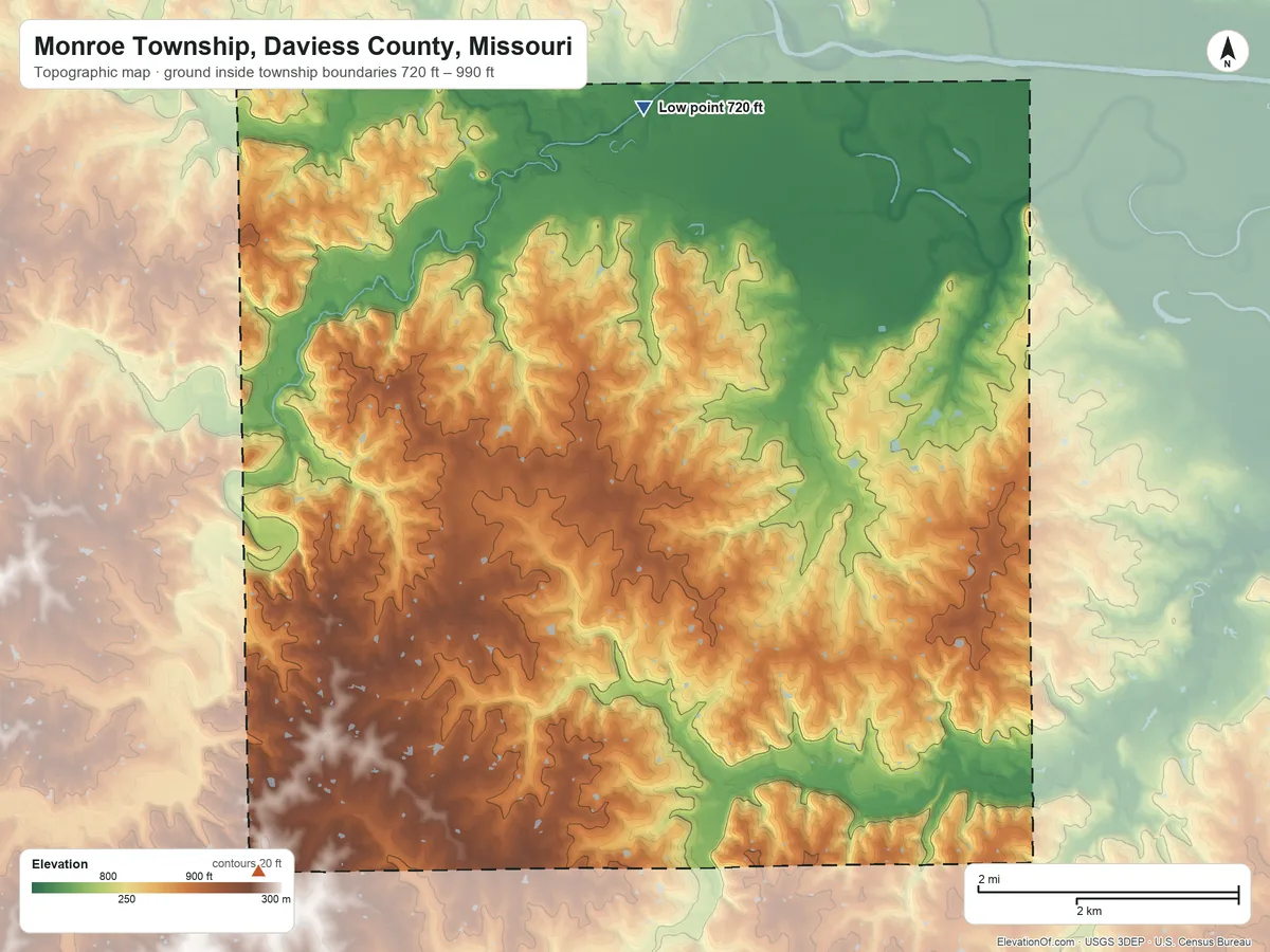 Topographic elevation map of Monroe Township, Daviess County, Missouri, shaded from 720 ft on the north side to 990 ft on the southwest side