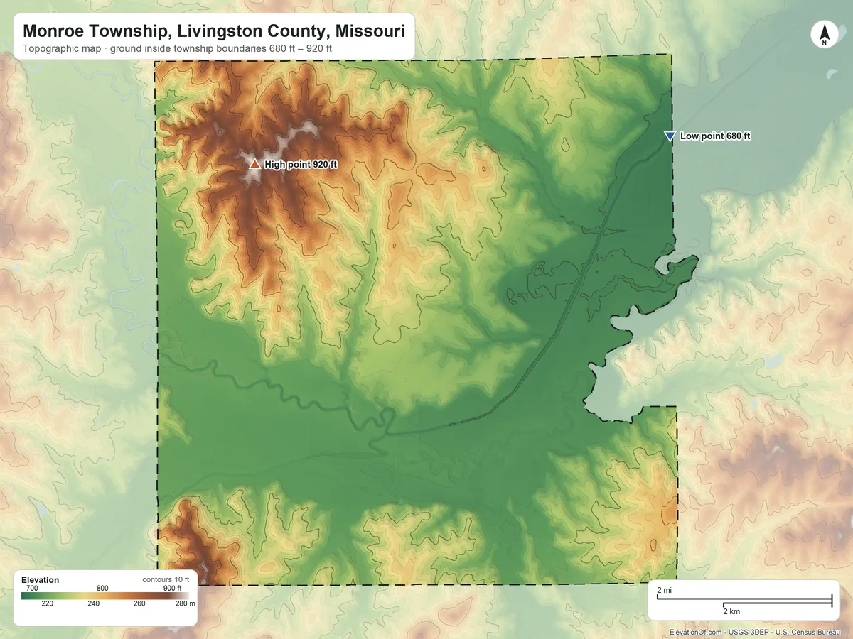 Topographic elevation map of Monroe Township, Livingston County, Missouri, shaded from 680 ft on the northeast side to 920 ft on the northwest side