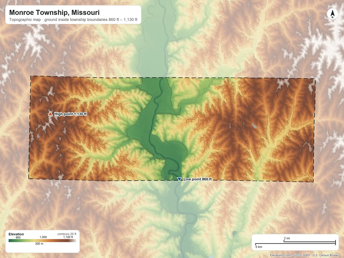 Topographic elevation map of Monroe Township, Missouri, shaded from 860 ft on the south side to 1,130 ft on the west side