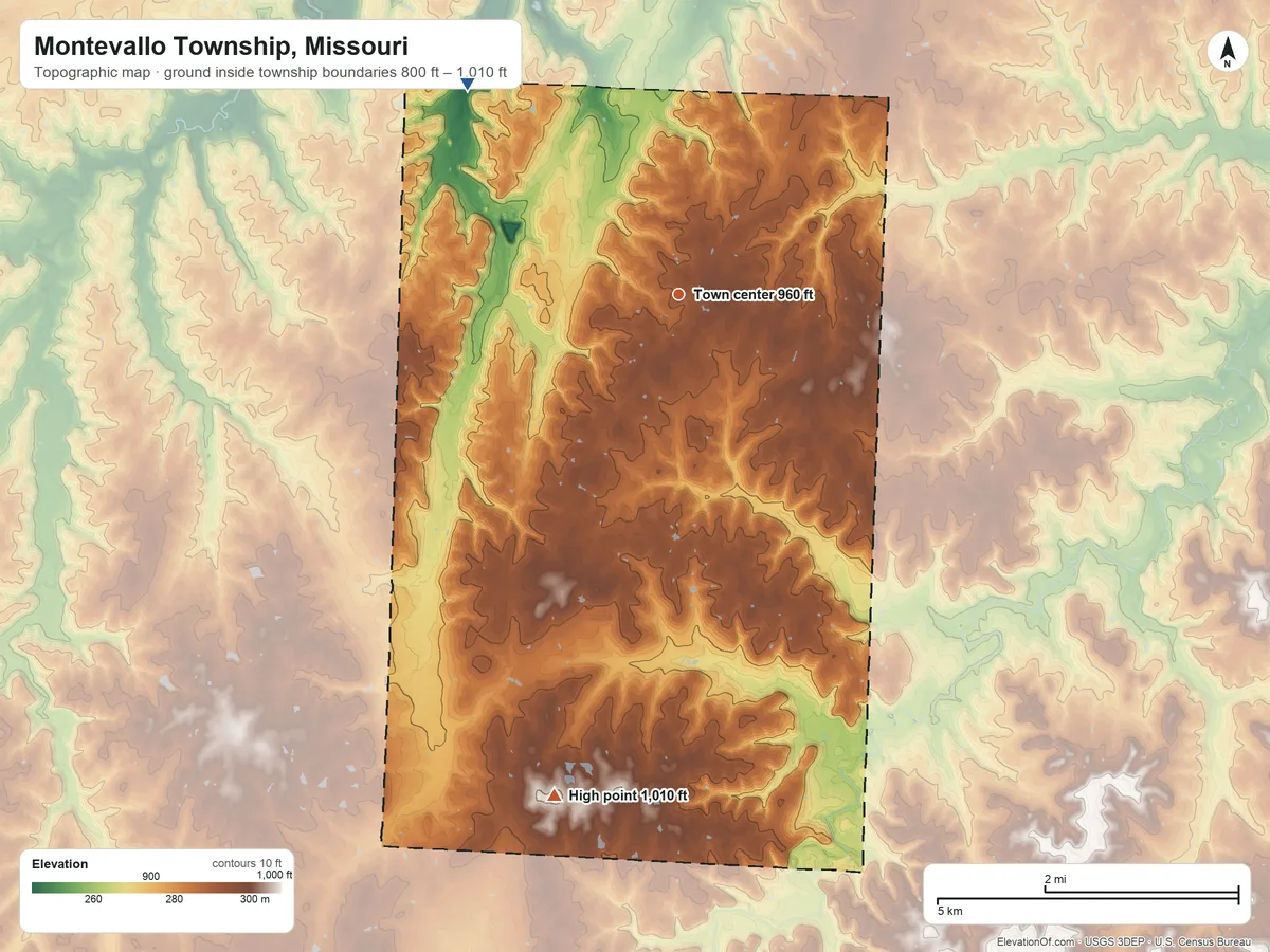 Topographic elevation map of Montevallo Township, Missouri, shaded from 800 ft on the northwest side to 1,010 ft on the south side