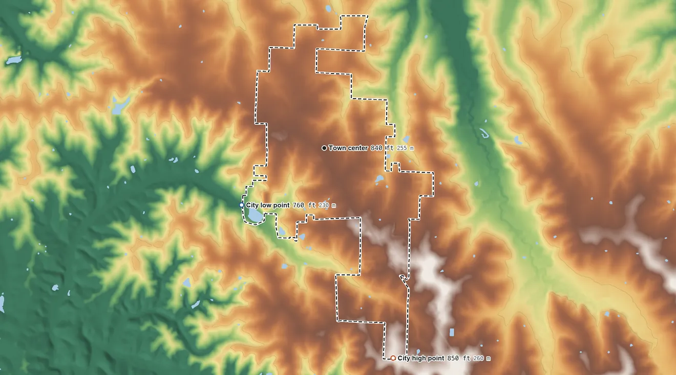 Topographic elevation map of Montgomery City, Missouri, shaded from 760 ft on the southwest side to 850 ft on the south side