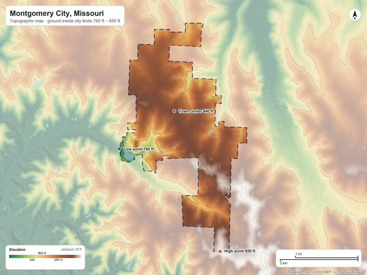 Topographic elevation map of Montgomery City, Missouri, shaded from 760 ft on the southwest side to 850 ft on the south side