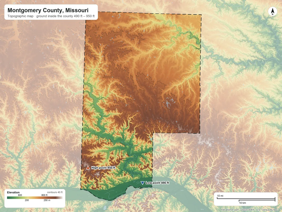 Topographic elevation map of Montgomery County, Missouri, shaded from 490 ft on the south side to 950 ft on the southwest side
