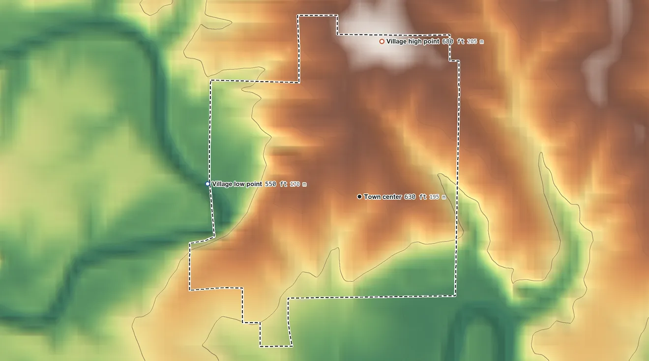 Topographic elevation map of Monticello, Missouri, shaded from 550 ft on the west side to 680 ft on the north side