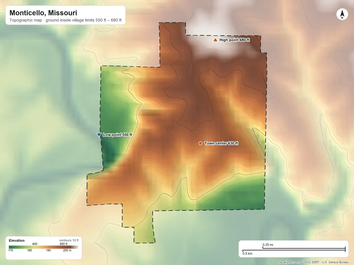 Topographic elevation map of Monticello, Missouri, shaded from 550 ft on the west side to 680 ft on the north side