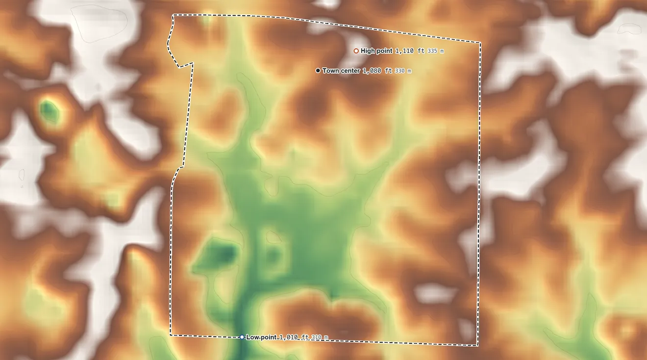 Topographic elevation map of Montier, Missouri, shaded from 1,010 ft on the south side to 1,110 ft near the middle