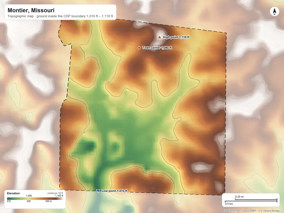 Topographic elevation map of Montier, Missouri, shaded from 1,010 ft on the south side to 1,110 ft near the middle