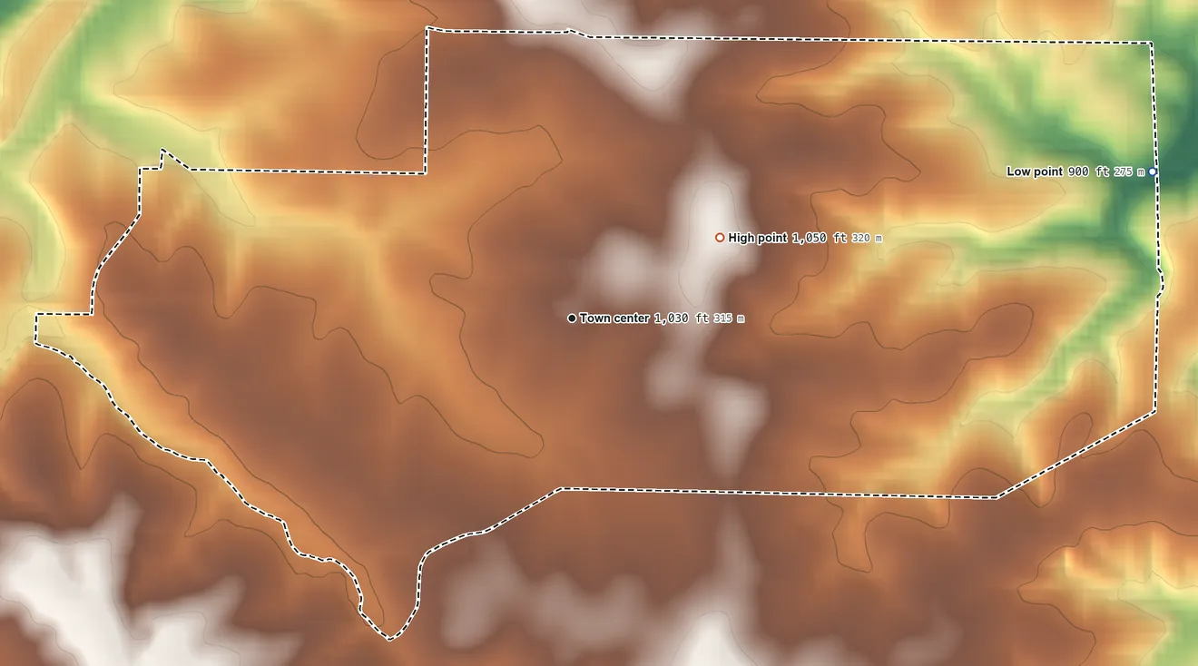 Topographic elevation map of Montreal, Missouri, shaded from 900 ft on the east side to 1,050 ft on the northeast side