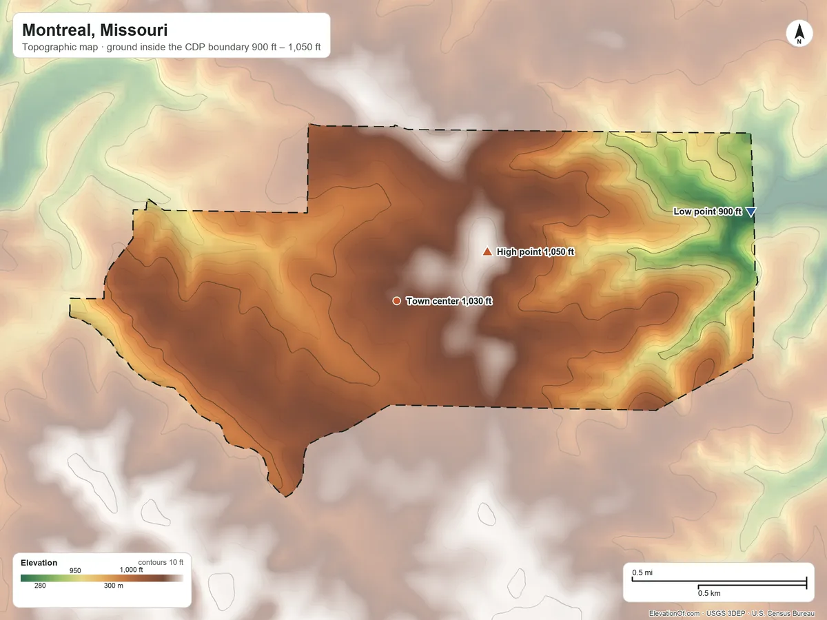 Topographic elevation map of Montreal, Missouri, shaded from 900 ft on the east side to 1,050 ft on the northeast side