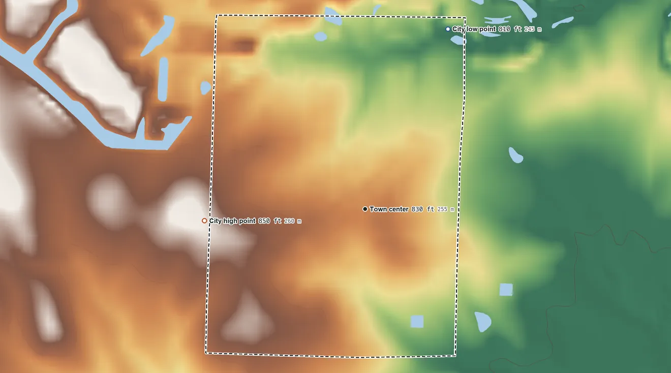 Topographic elevation map of Montrose, Missouri, shaded from 810 ft on the northeast side to 850 ft on the west side