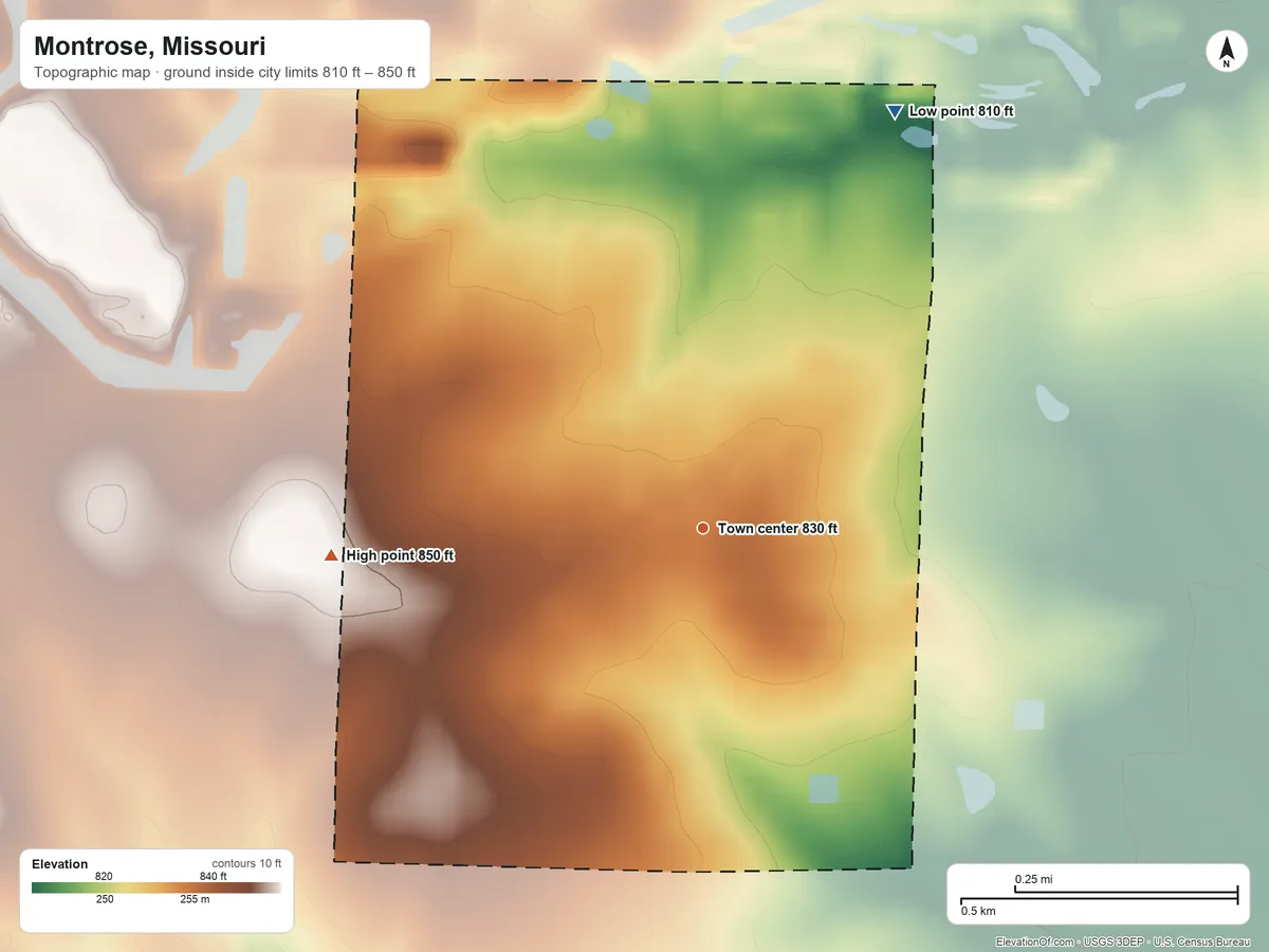 Topographic elevation map of Montrose, Missouri, shaded from 810 ft on the northeast side to 850 ft on the west side