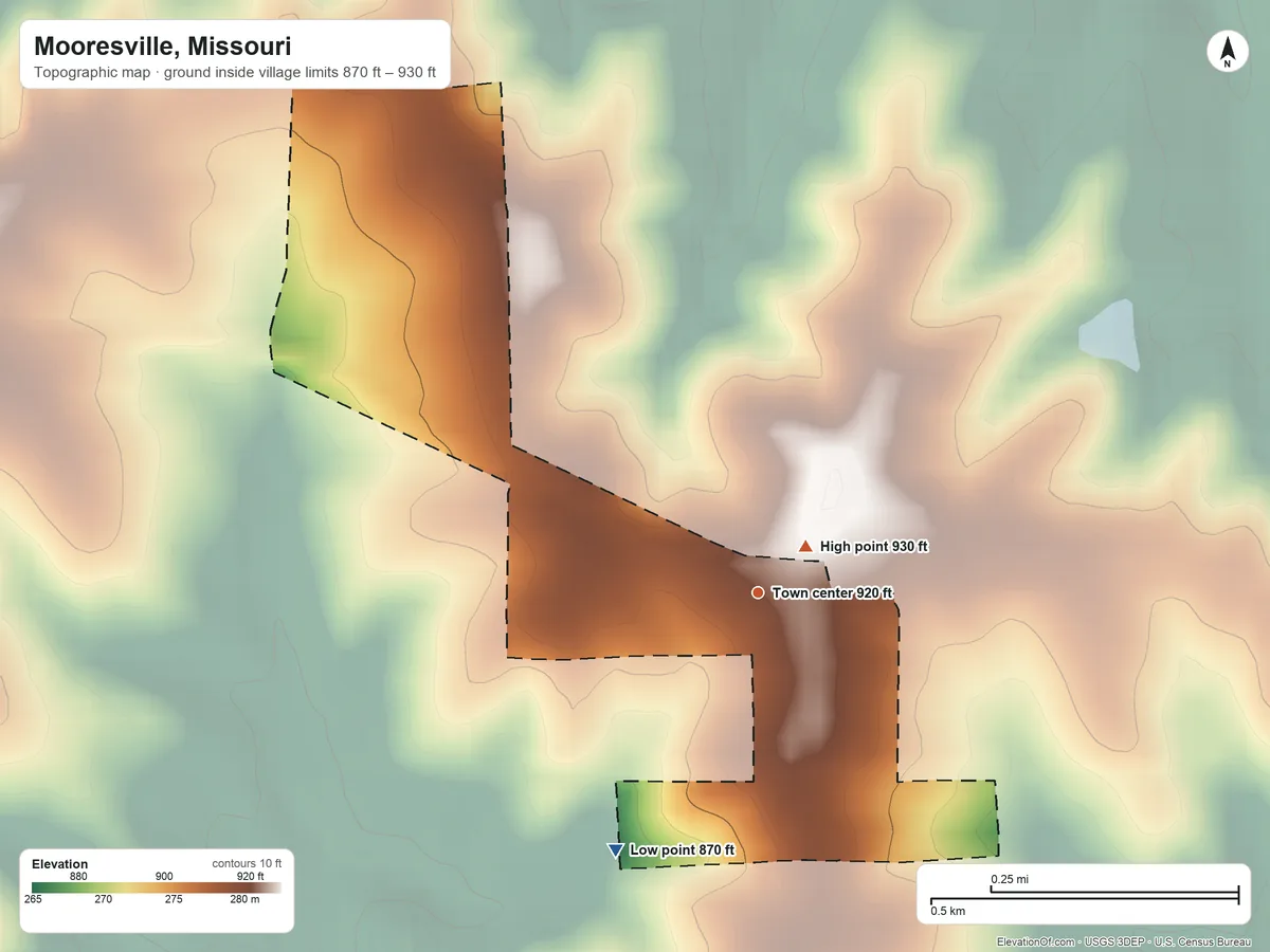 Topographic elevation map of Mooresville, Missouri, shaded from 870 ft on the southwest side to 930 ft near the middle