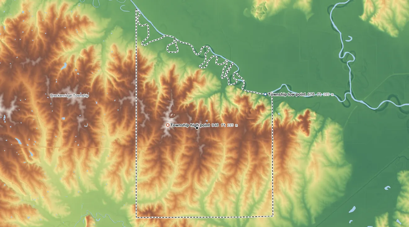 Topographic elevation map of Mooresville Township, Missouri, shaded from 670 ft on the northeast side to 940 ft on the west side