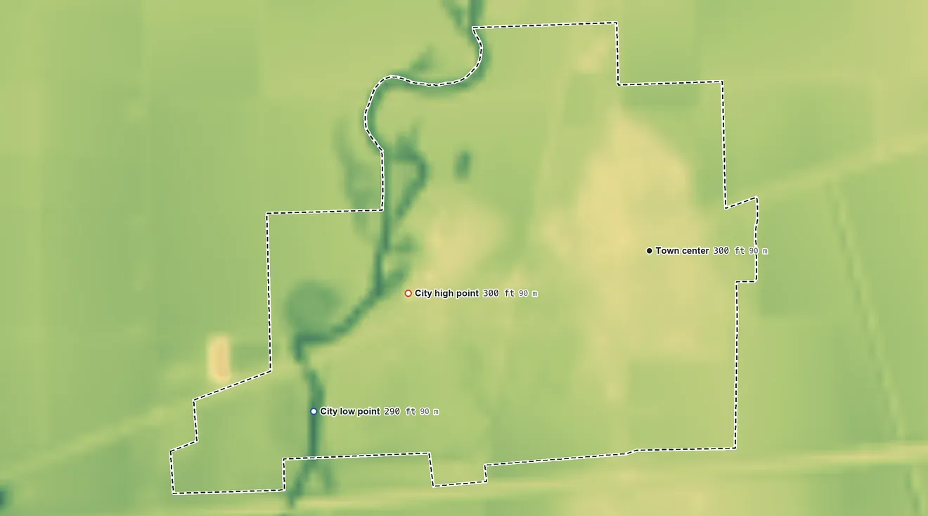 Topographic elevation map of Morehouse, Missouri, shaded from 290 ft on the southwest side to 300 ft on the west side
