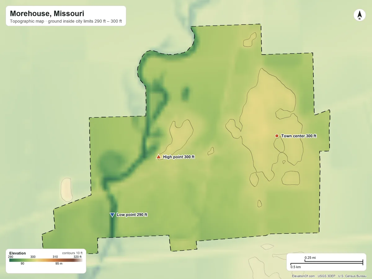 Topographic elevation map of Morehouse, Missouri, shaded from 290 ft on the southwest side to 300 ft on the west side