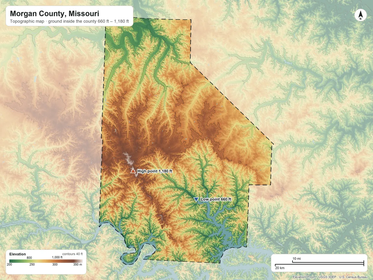 Topographic elevation map of Morgan County, Missouri, shaded from 660 ft on the south side to 1,180 ft on the southwest side