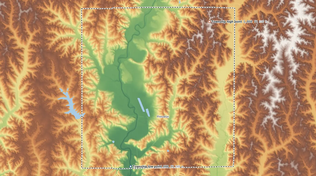 Topographic elevation map of Morgan Township, Missouri, shaded from 800 ft on the southwest side to 1,080 ft on the northeast side