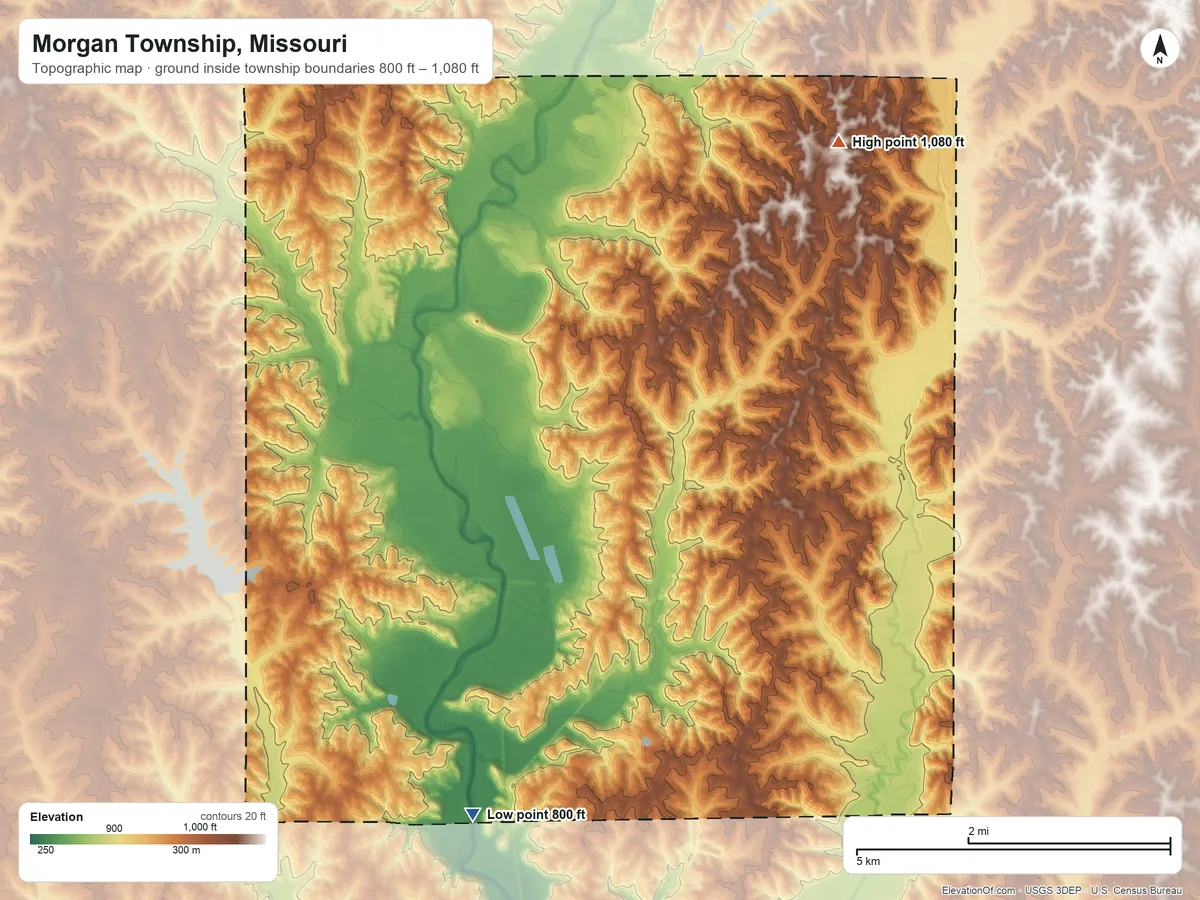 Topographic elevation map of Morgan Township, Missouri, shaded from 800 ft on the southwest side to 1,080 ft on the northeast side