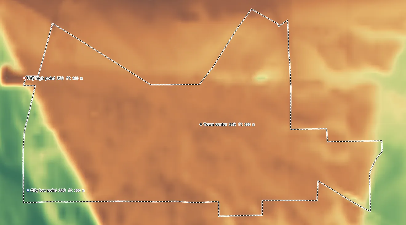 Topographic elevation map of Morley, Missouri, shaded from 320 ft on the west side to 350 ft on the west side
