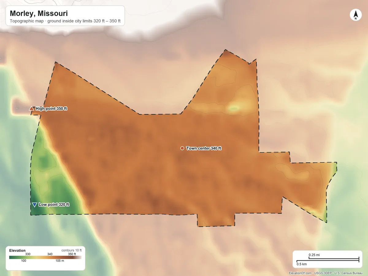 Topographic elevation map of Morley, Missouri, shaded from 320 ft on the west side to 350 ft on the west side