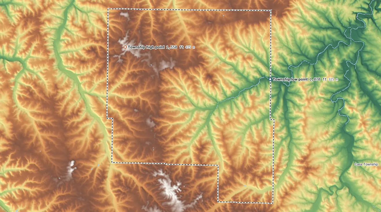 Topographic elevation map of Morris Township, Missouri, shaded from 1,070 ft on the east side to 1,550 ft on the northwest side