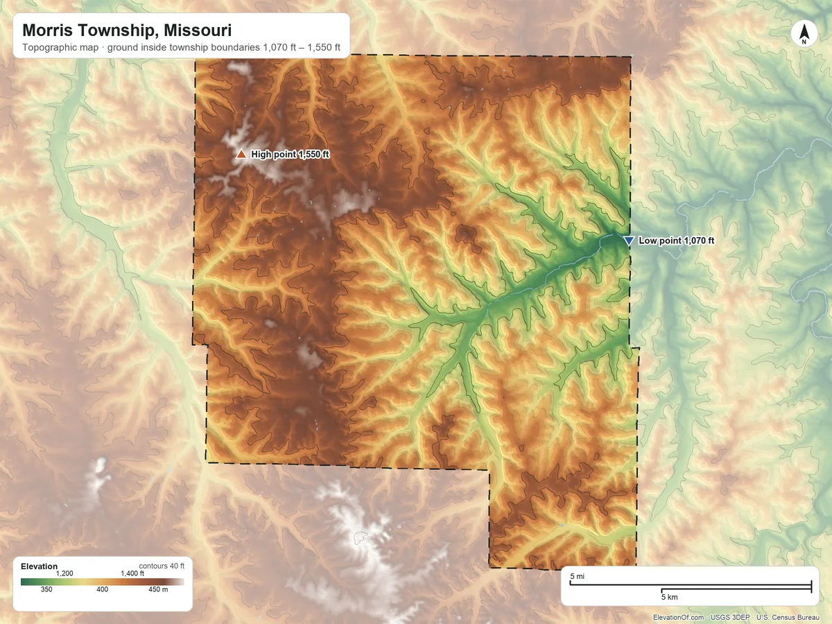 Topographic elevation map of Morris Township, Missouri, shaded from 1,070 ft on the east side to 1,550 ft on the northwest side