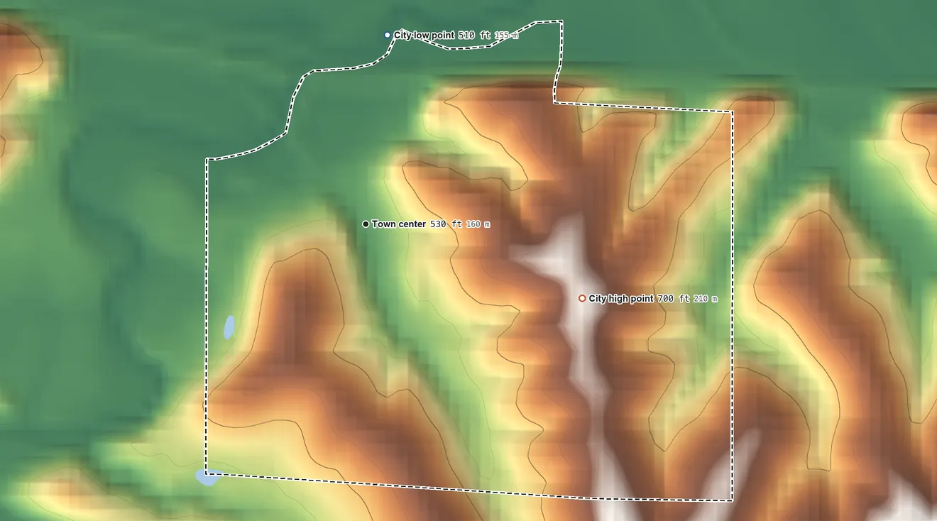 Topographic elevation map of Morrison, Missouri, shaded from 510 ft on the north side to 700 ft on the east side