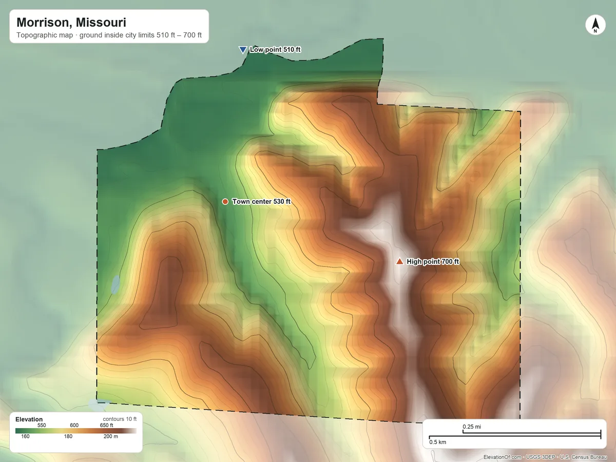Topographic elevation map of Morrison, Missouri, shaded from 510 ft on the north side to 700 ft on the east side