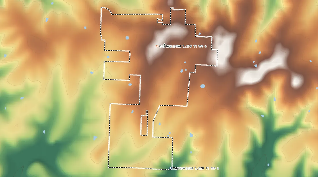 Topographic elevation map of Morrisville, Missouri, shaded from 1,020 ft on the south side to 1,170 ft near the middle