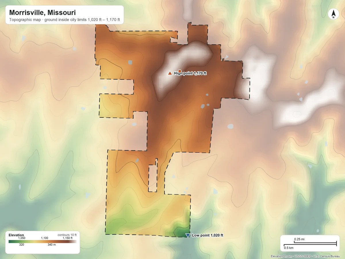 Topographic elevation map of Morrisville, Missouri, shaded from 1,020 ft on the south side to 1,170 ft near the middle