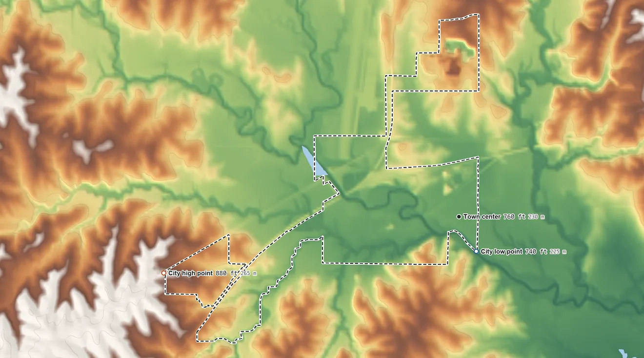 Topographic elevation map of Mosby, Missouri, shaded from 740 ft near the middle to 880 ft on the west side