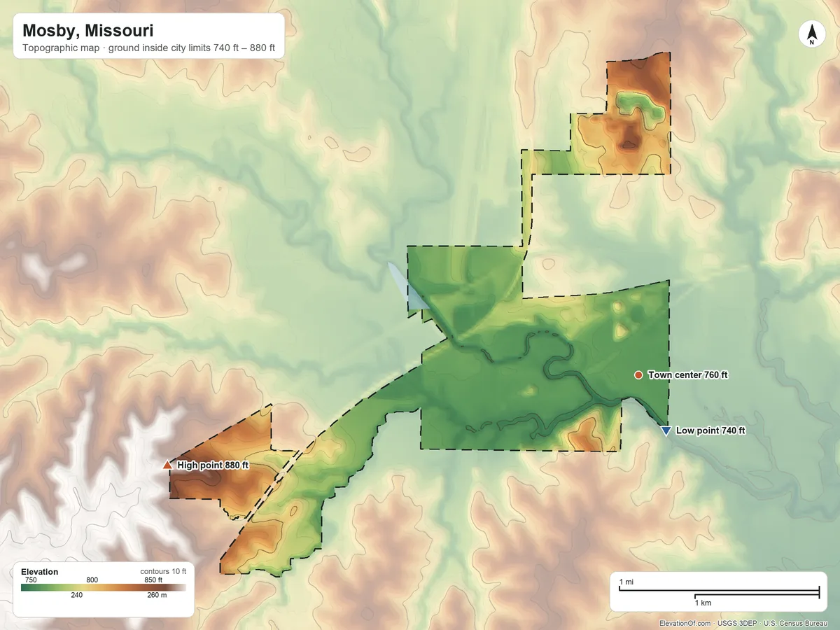 Topographic elevation map of Mosby, Missouri, shaded from 740 ft near the middle to 880 ft on the west side