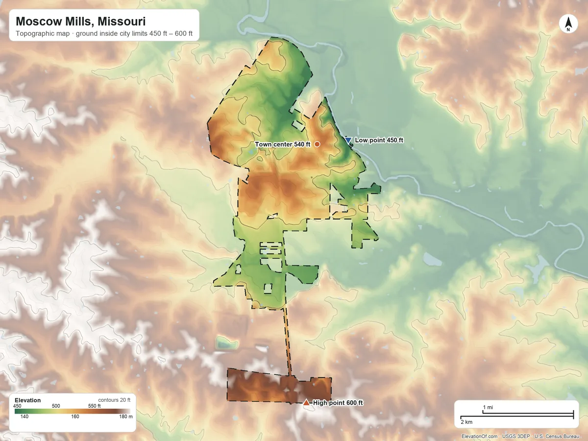 Topographic elevation map of Moscow Mills, Missouri, shaded from 450 ft near the middle to 600 ft on the south side