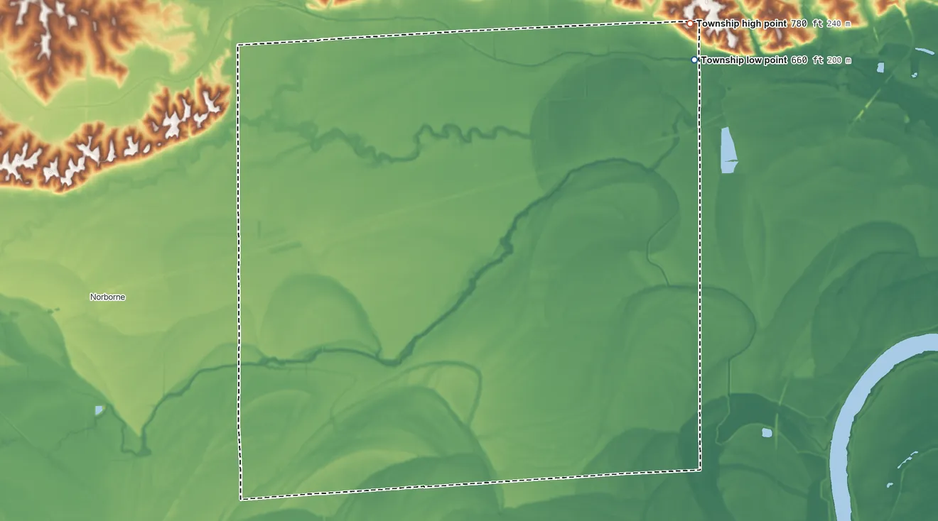 Topographic elevation map of Moss Creek Township, Missouri, shaded from 660 ft on the northeast side to 780 ft on the northeast side