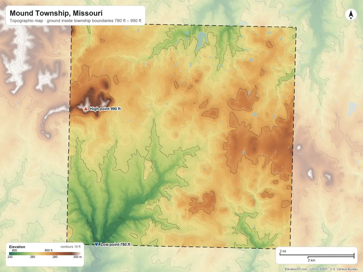 Topographic elevation map of Mound Township, Missouri, shaded from 780 ft on the southwest side to 990 ft on the west side