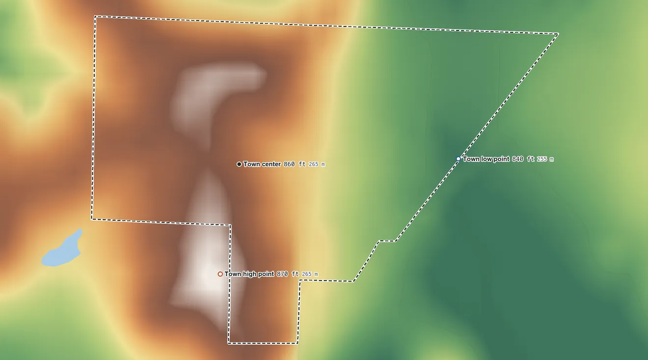Topographic elevation map of Moundville, Missouri, shaded from 840 ft on the east side to 870 ft on the south side